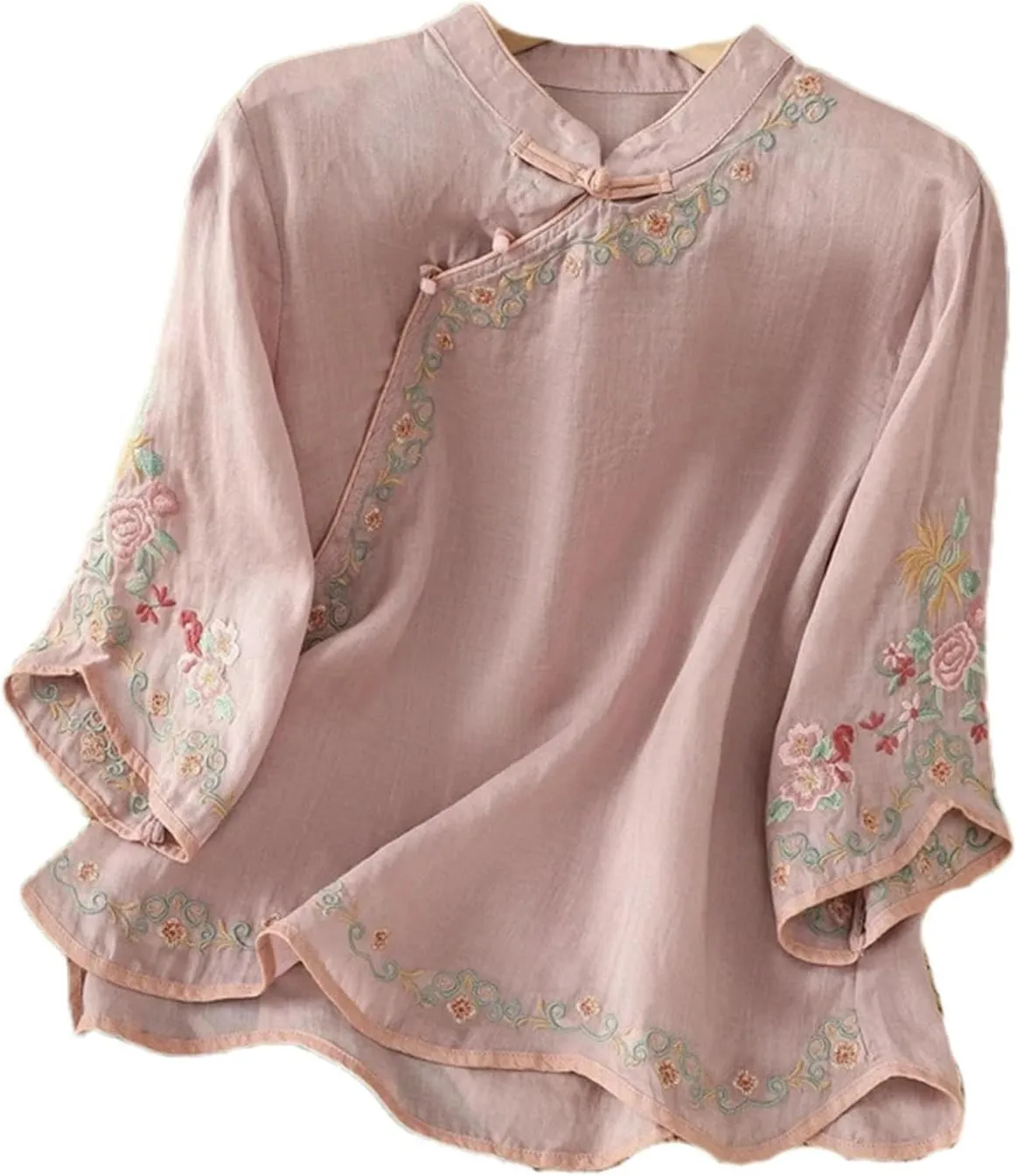 Spring Autumn Retro Embroidered Cotton Linen Tops Women's Buttoned Slanted Lapel Three-Quarter Sleeve Chinese Shirt