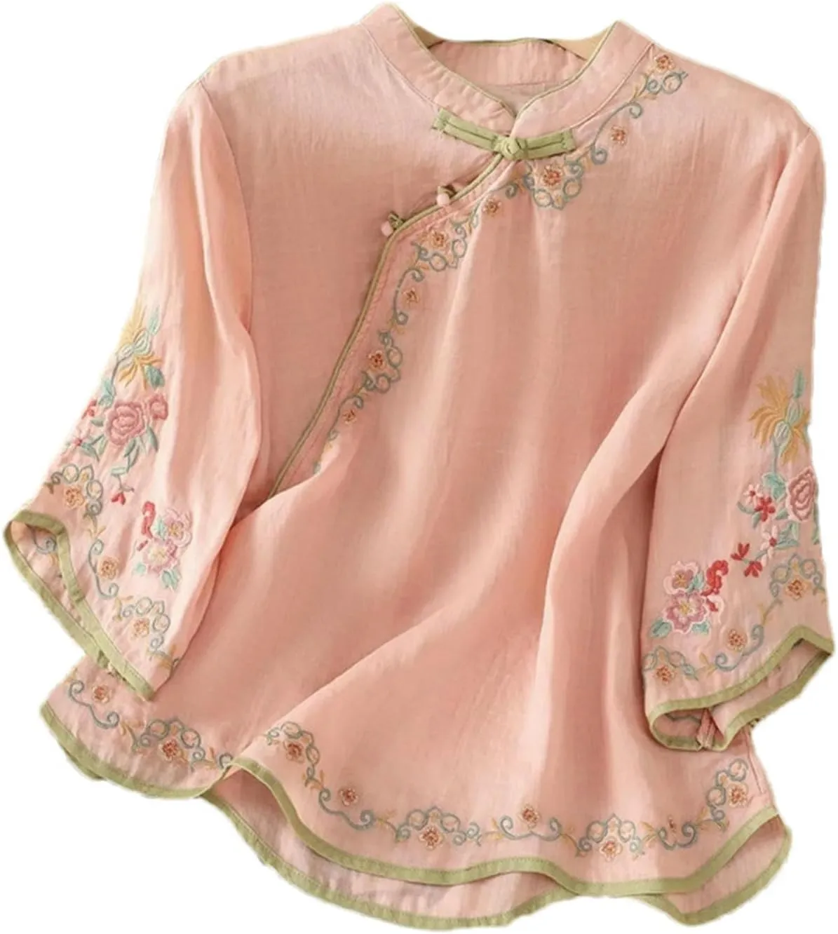 Spring Autumn Retro Embroidered Cotton Linen Tops Women's Buttoned Slanted Lapel Three-Quarter Sleeve Chinese Shirt