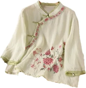 Spring Summer Cotton Linen Chinese Embroidered Oblique Collar Shirt Buttoned Pullover top Women Retro Blouses