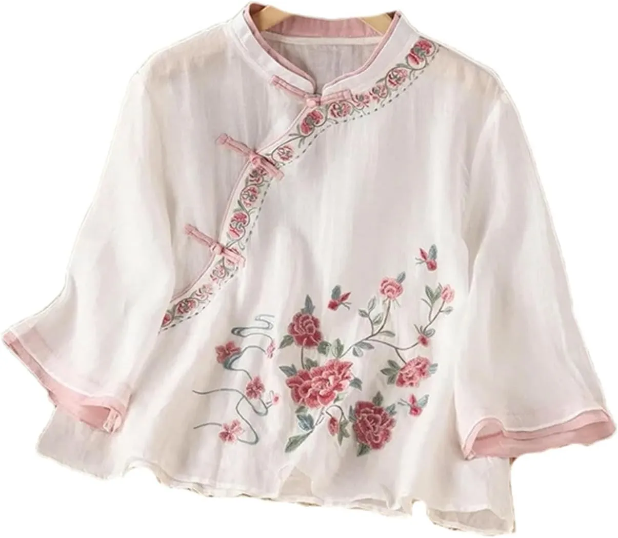 Spring Summer Cotton Linen Chinese Embroidered Oblique Collar Shirt Buttoned Pullover top Women Retro Blouses