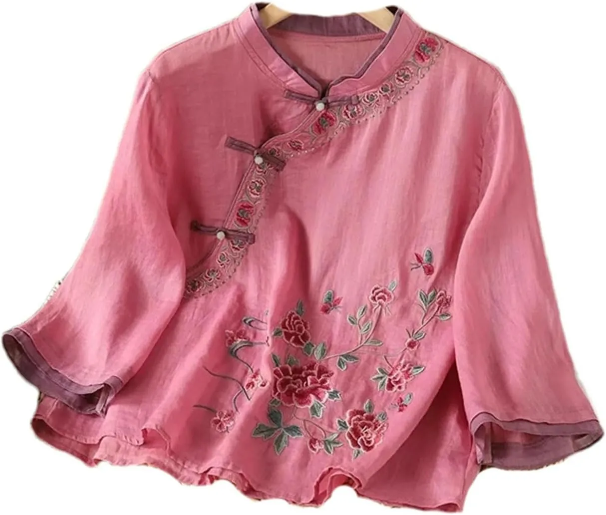 Spring Summer Cotton Linen Chinese Embroidered Oblique Collar Shirt Buttoned Pullover top Women Retro Blouses