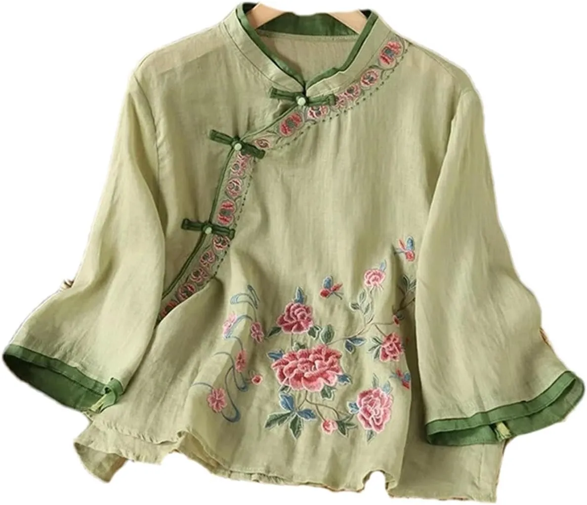 Spring Summer Cotton Linen Chinese Embroidered Oblique Collar Shirt Buttoned Pullover top Women Retro Blouses