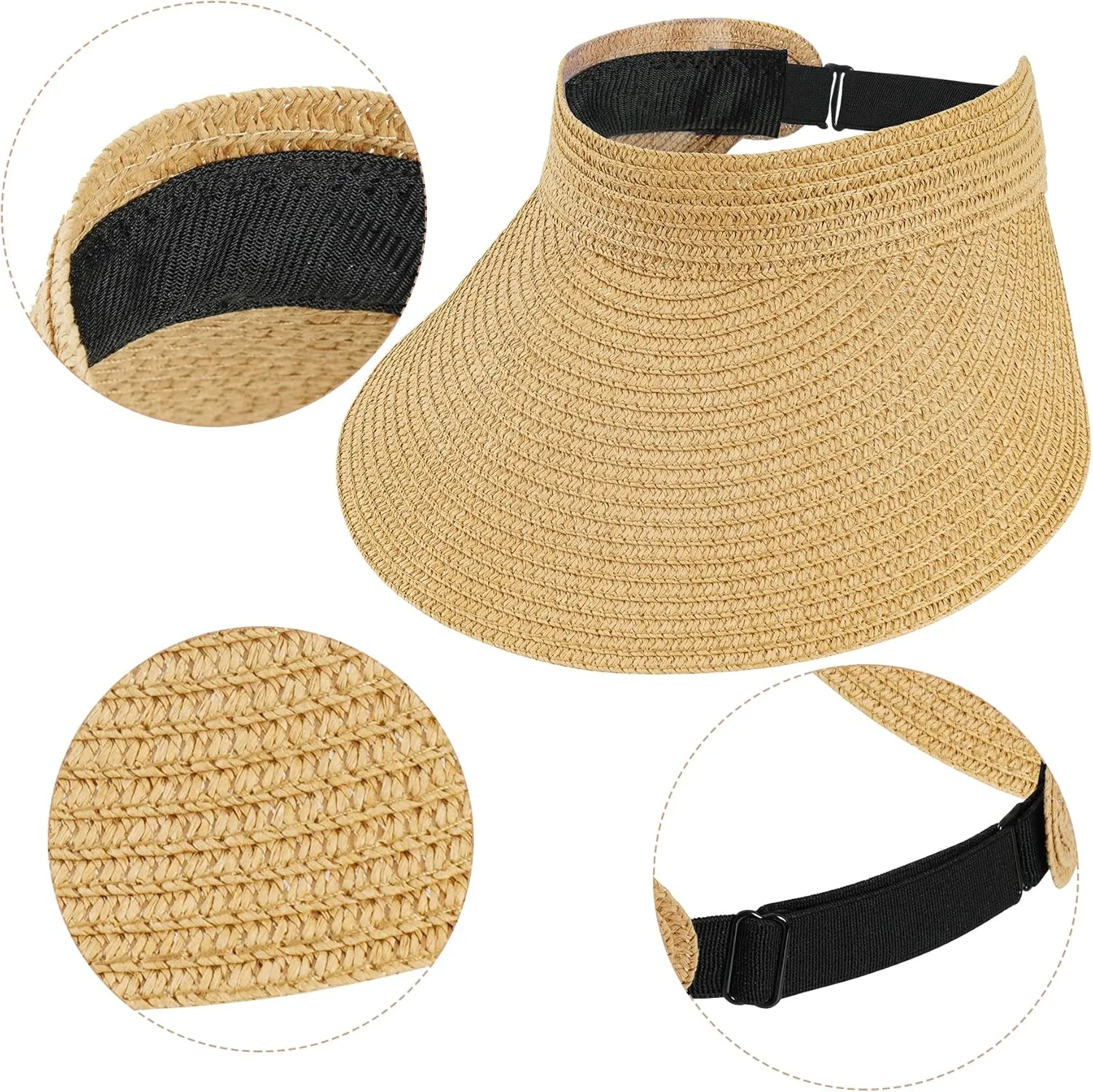 Straw Sun Visors Womens, Ponytail Beach Straw Visor, Packable Summer Sun Hats for Women Travel