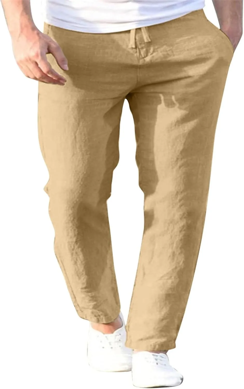 Summer Linen Pants for Men Solid Color Elastic Waist Trouser Casual Drawstring Baggy Pant Outdoor Daily Thin Trousers