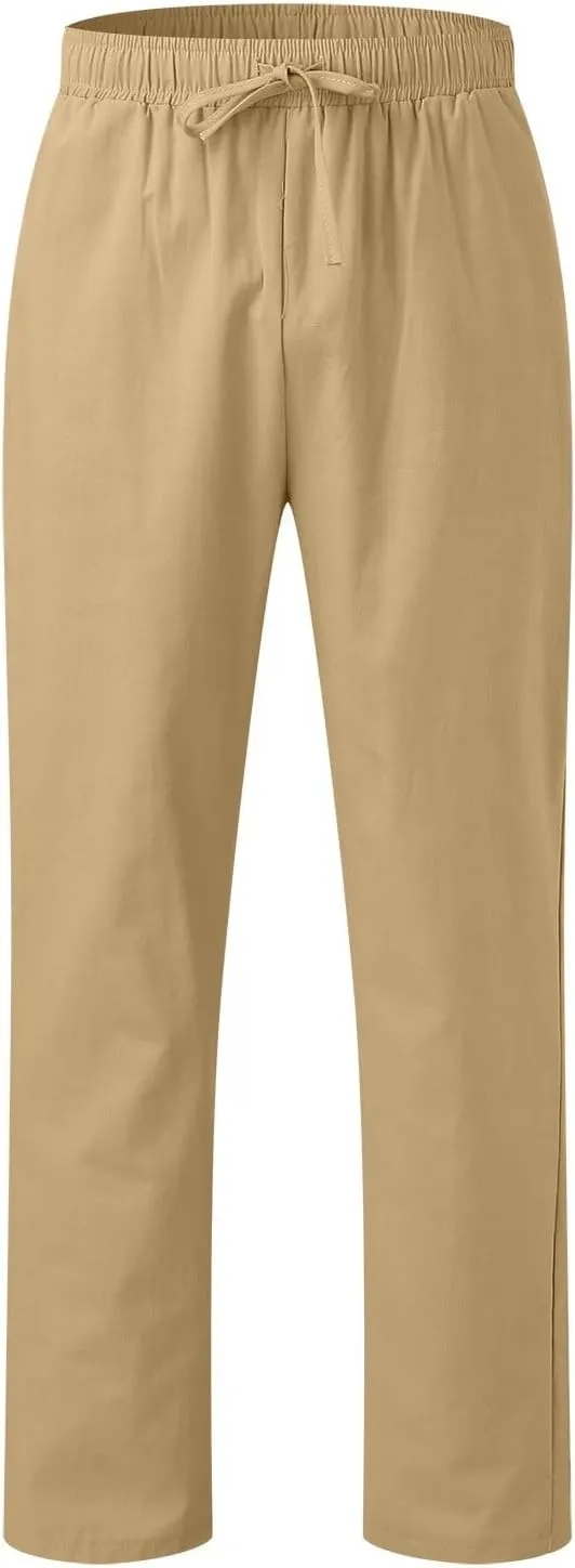Summer Linen Pants for Men Solid Color Elastic Waist Trouser Casual Drawstring Baggy Pant Outdoor Daily Thin Trousers