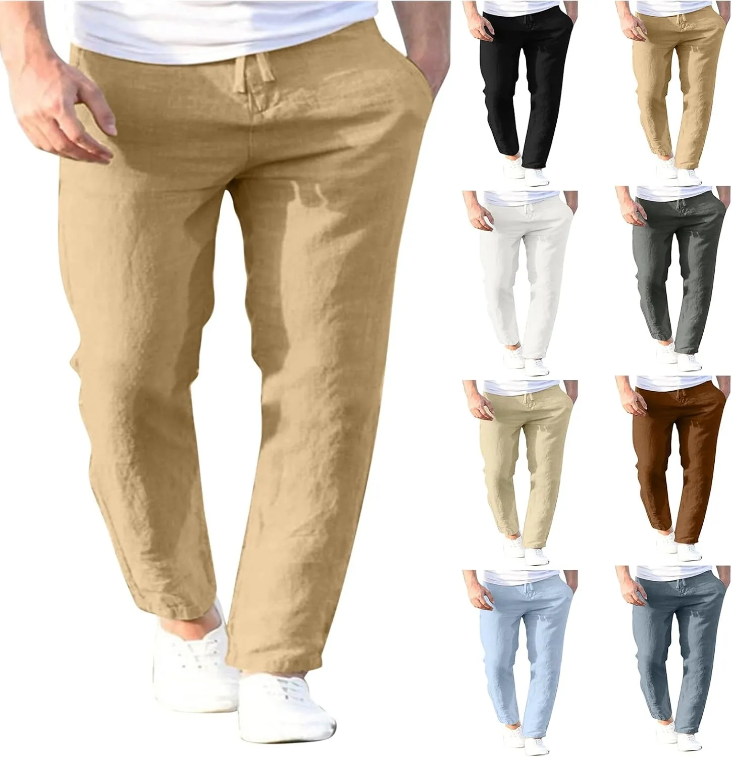Summer Linen Pants for Men Solid Color Elastic Waist Trouser Casual Drawstring Baggy Pant Outdoor Daily Thin Trousers