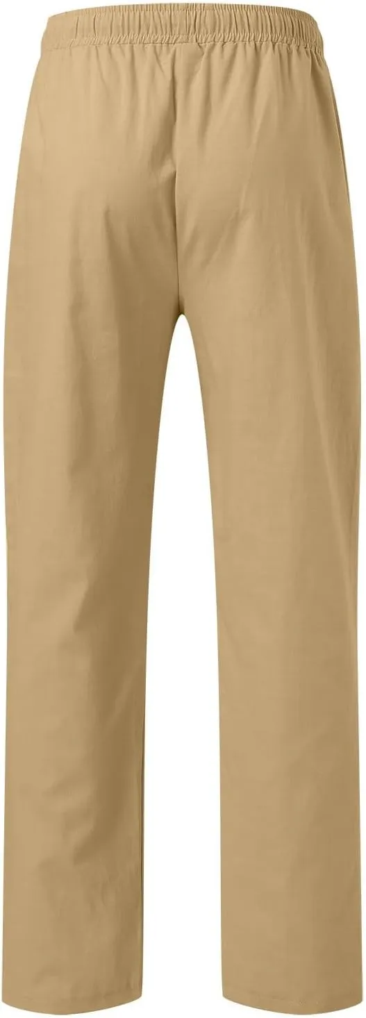 Summer Linen Pants for Men Solid Color Elastic Waist Trouser Casual Drawstring Baggy Pant Outdoor Daily Thin Trousers