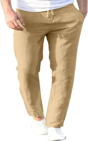 Summer Linen Pants for Men Solid Color Elastic Waist Trouser Casual Drawstring Baggy Pant Outdoor Daily Thin Trousers