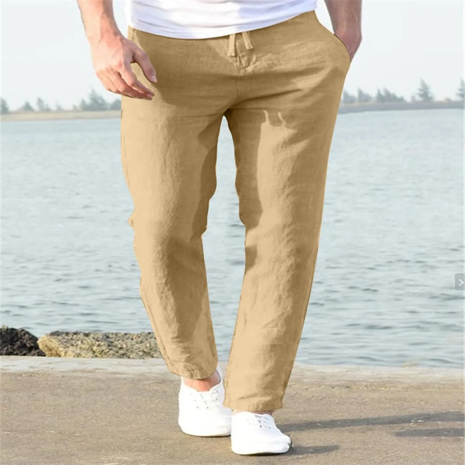 Summer Linen Pants for Men Solid Color Elastic Waist Trouser Casual Drawstring Baggy Pant Outdoor Daily Thin Trousers