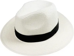Summer Straw Fedora Hat for Women Men Travel Panama Hat with Wide Brim Roll Up Sun Hat for Beach Outdoor UPF 50 