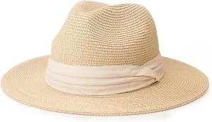 Summer Straw Fedora Hat for Women Men Travel Panama Hat with Wide Brim Roll Up Sun Hat for Beach Outdoor UPF 50 