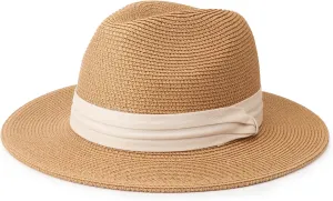 Summer Straw Fedora Hat for Women Men Travel Panama Hat with Wide Brim Roll Up Sun Hat for Beach Outdoor UPF 50 