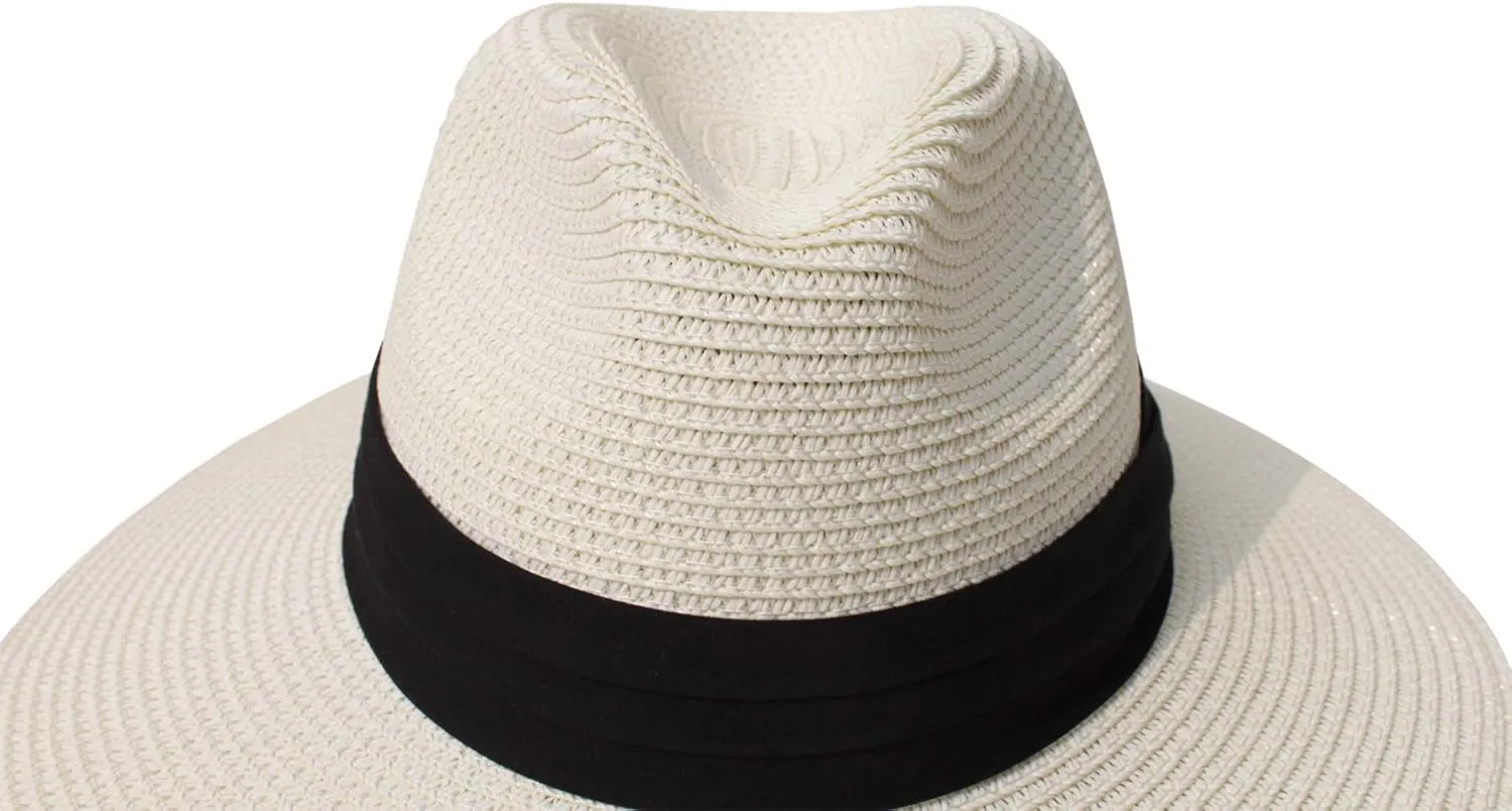 Summer Straw Fedora Hat for Women Men Travel Panama Hat with Wide Brim Roll Up Sun Hat for Beach Outdoor UPF 50 