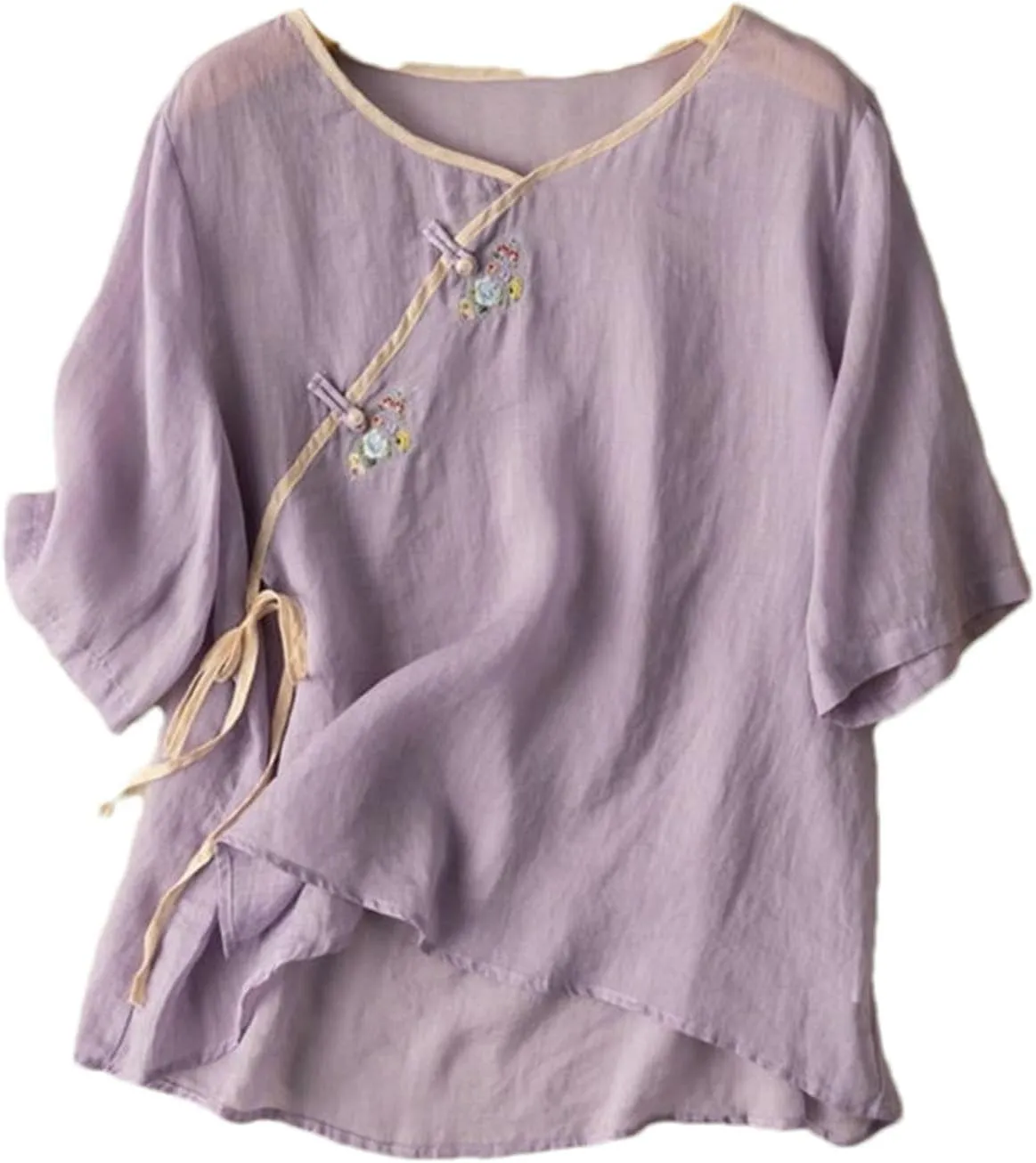 Tang Suit Women's Cotton and Linen Half-Sleeve Embroidered Buttoned Retro Shirt Summer Cotton Tops Women