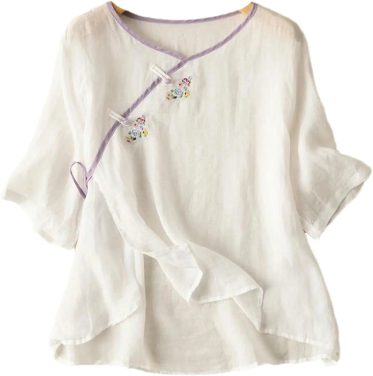 Tang Suit Women's Cotton and Linen Half-Sleeve Embroidered Buttoned Retro Shirt Summer Cotton Tops Women
