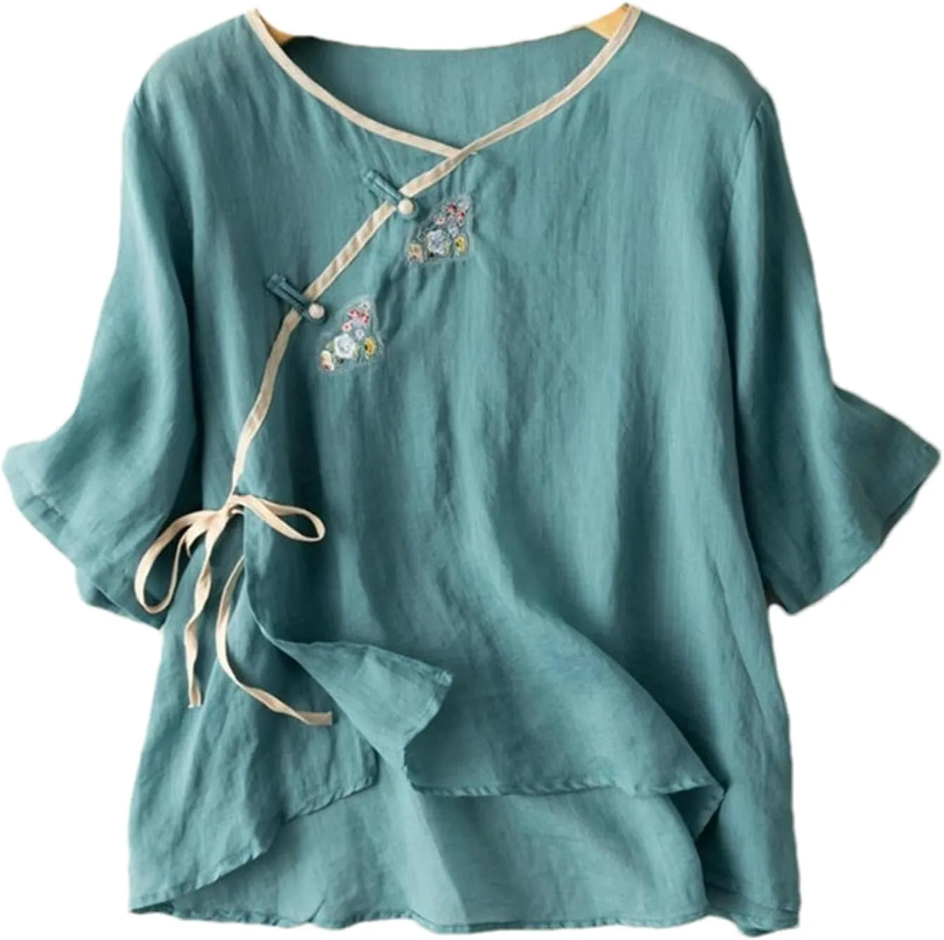 Tang Suit Women's Cotton and Linen Half-Sleeve Embroidered Buttoned Retro Shirt Summer Cotton Tops Women