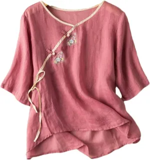Tang Suit Women's Cotton and Linen Half-Sleeve Embroidered Buttoned Retro Shirt Summer Cotton Tops Women