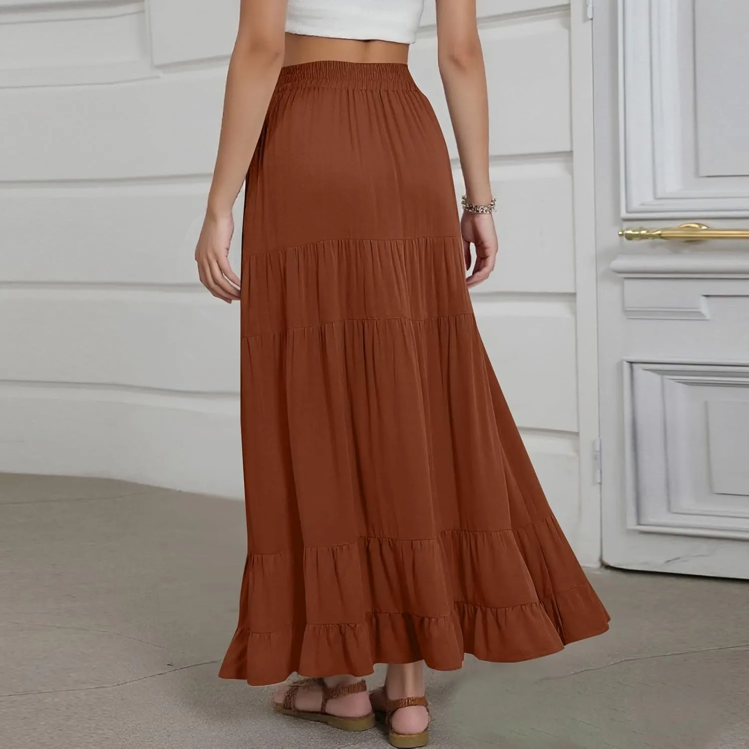Tiered Maxi Skirt for Women 2025 Summer Flowy Long Elastic High Waisted Ruffle Skirts Casual Soft Skirt with Pockets