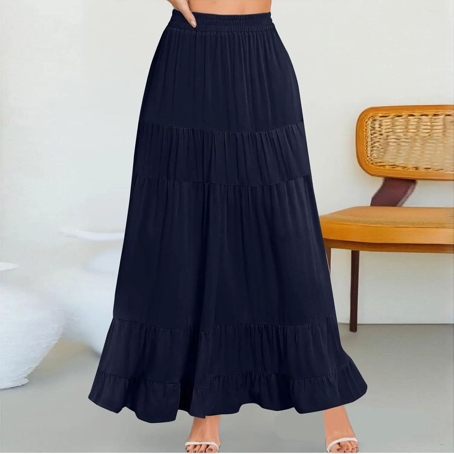 Tiered Maxi Skirt for Women 2025 Summer Flowy Long Elastic High Waisted Ruffle Skirts Casual Soft Skirt with Pockets