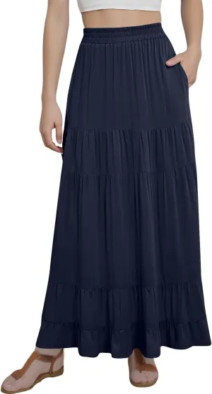 Tiered Maxi Skirt for Women 2025 Summer Flowy Long Elastic High Waisted Ruffle Skirts Casual Soft Skirt with Pockets