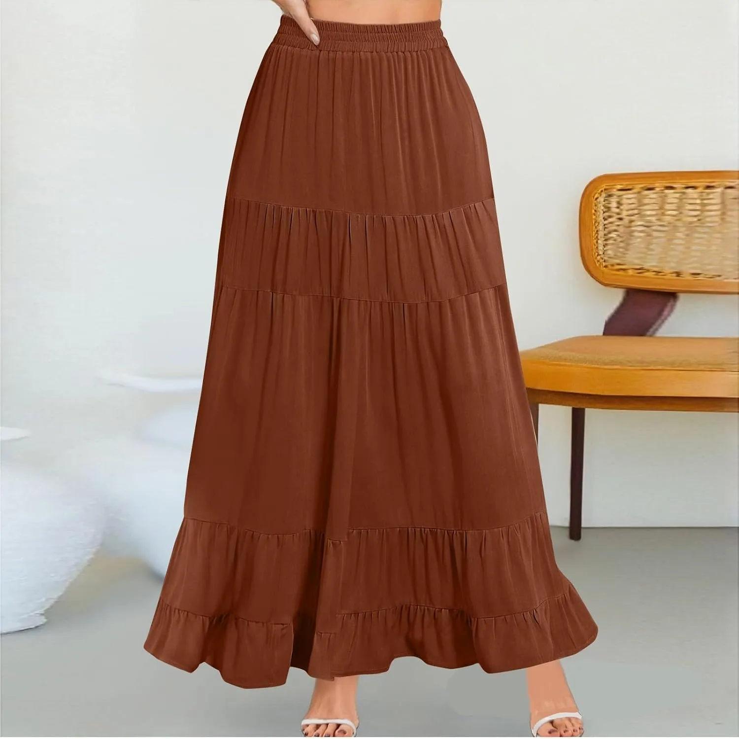 Tiered Maxi Skirt for Women 2025 Summer Flowy Long Elastic High Waisted Ruffle Skirts Casual Soft Skirt with Pockets