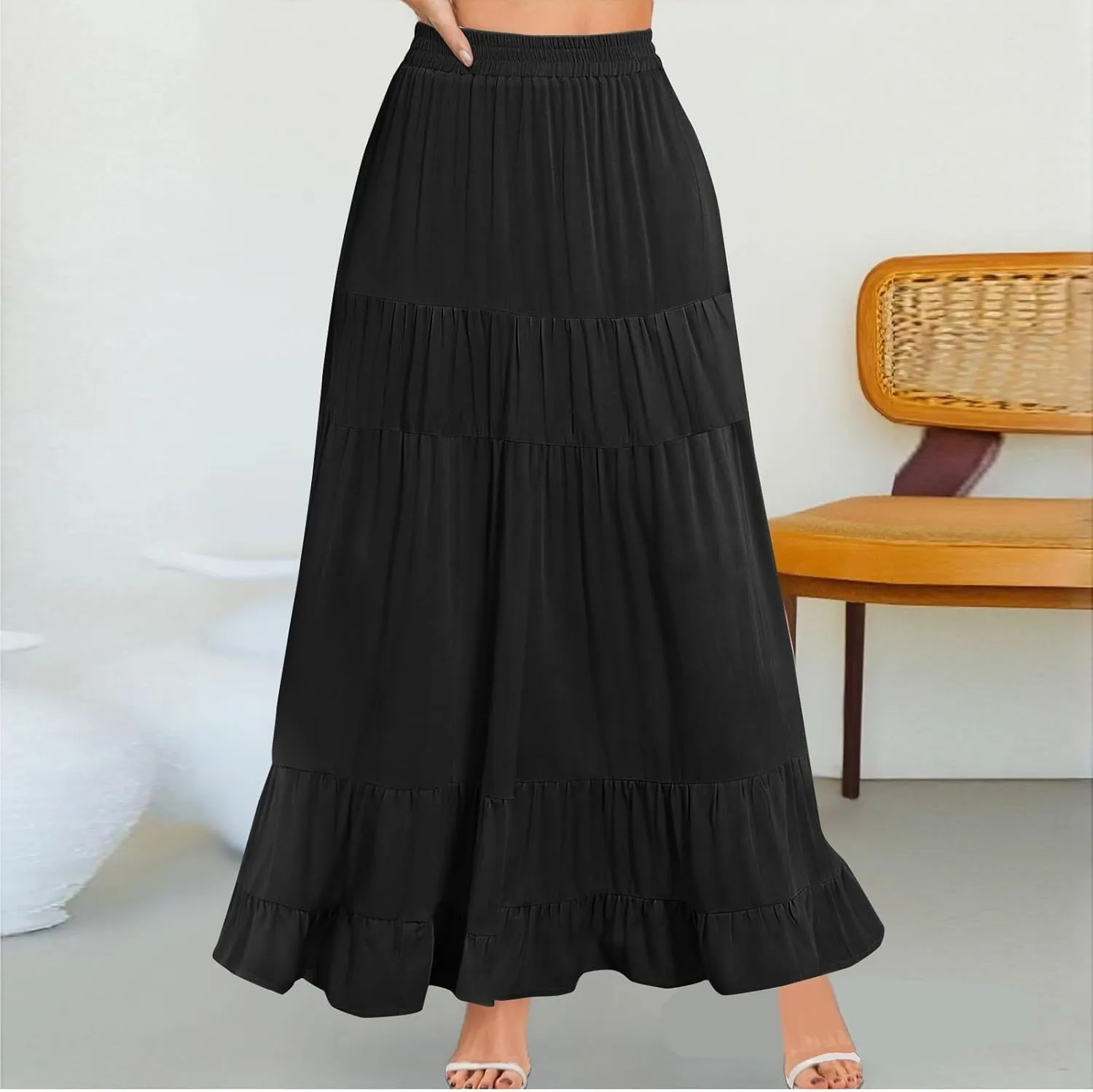 Tiered Maxi Skirt for Women 2025 Summer Flowy Long Elastic High Waisted Ruffle Skirts Casual Soft Skirt with Pockets