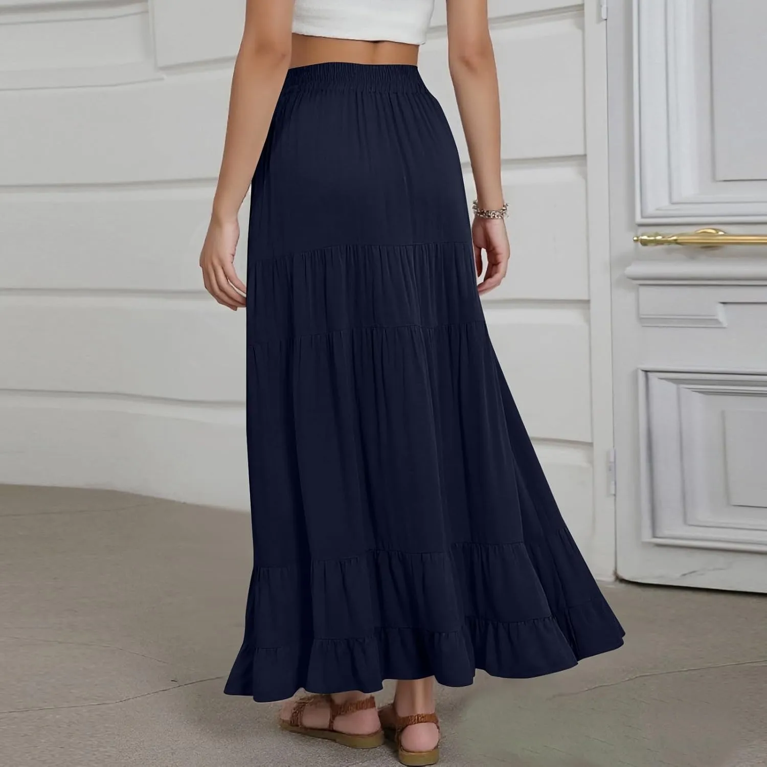Tiered Maxi Skirt for Women 2025 Summer Flowy Long Elastic High Waisted Ruffle Skirts Casual Soft Skirt with Pockets