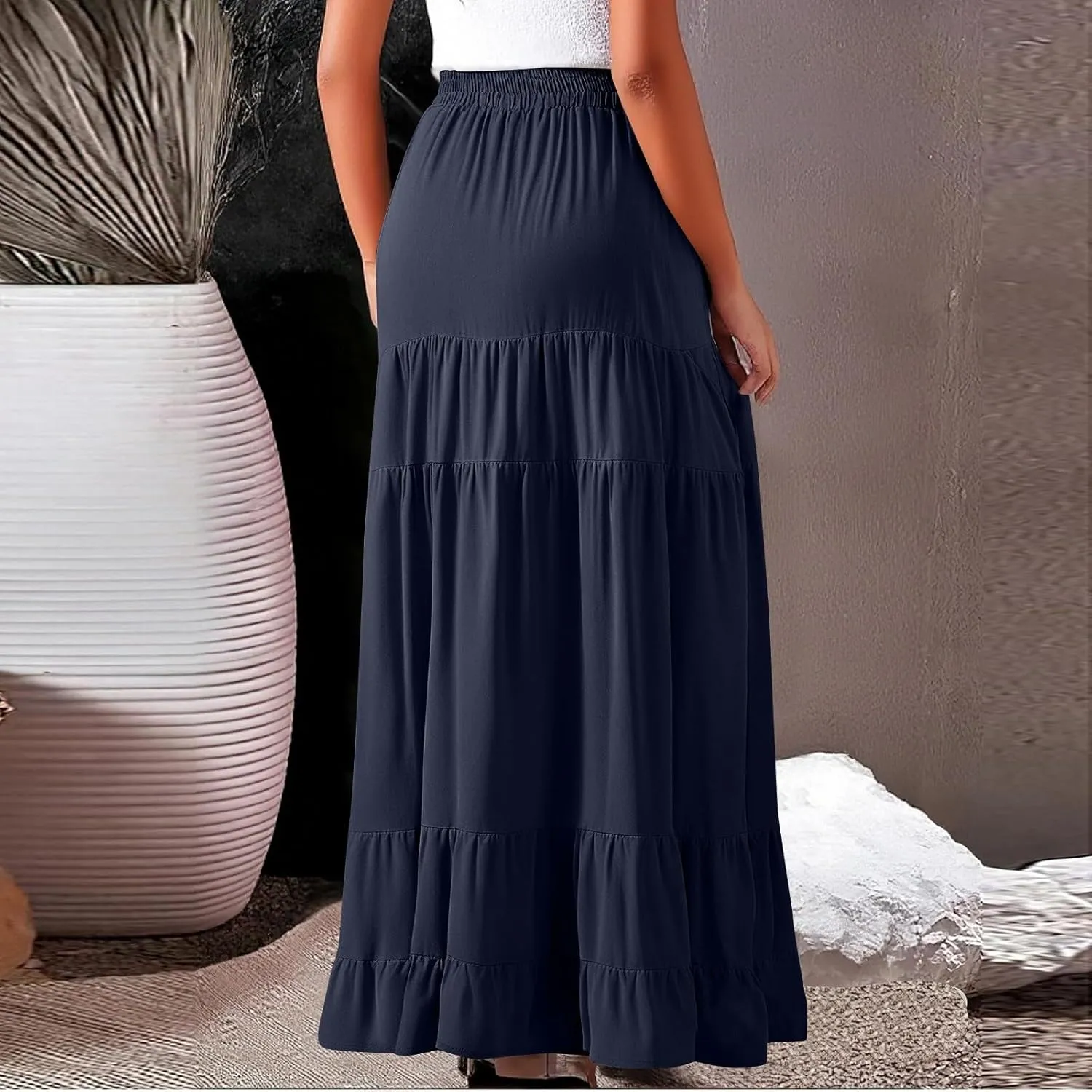 Tiered Maxi Skirt for Women 2025 Summer Flowy Long Elastic High Waisted Ruffle Skirts Casual Soft Skirt with Pockets