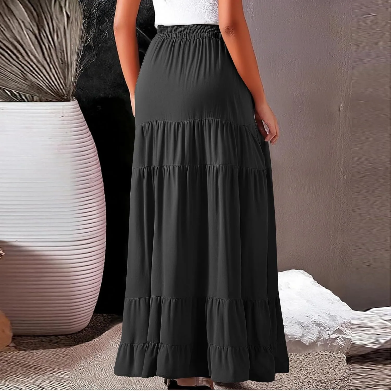 Tiered Maxi Skirt for Women 2025 Summer Flowy Long Elastic High Waisted Ruffle Skirts Casual Soft Skirt with Pockets