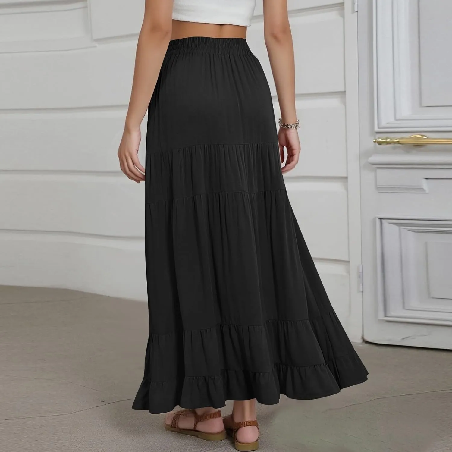 Tiered Maxi Skirt for Women 2025 Summer Flowy Long Elastic High Waisted Ruffle Skirts Casual Soft Skirt with Pockets