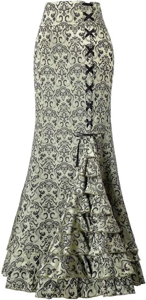 tuduoms Women's Steampunk Gothic Maxi Skirts Victorian Ruffles Fishtail Mermaid Pencil Skirt Retro Tiered Floor Length Skirt