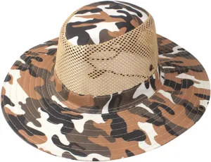 Unisex Mesh Camouflage Sun Hat Wide Brim Hat Panama Fedora Drawstring Foldable Lightweight Fishing Hat Retro Travel