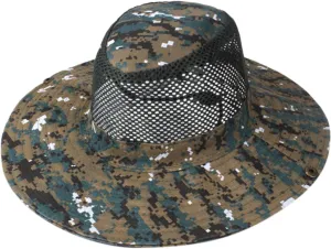 Unisex Mesh Camouflage Sun Hat Wide Brim Hat Panama Fedora Drawstring Foldable Lightweight Fishing Hat Retro Travel