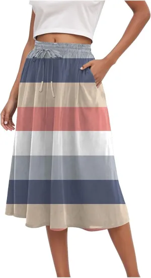Vintage Boho Floral A-line Printed Midi Skirts with Pockets Chiffon Long Beach Midi Skirts