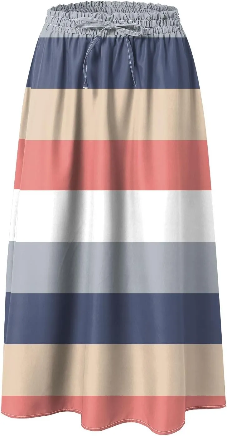 Vintage Boho Floral A-line Printed Midi Skirts with Pockets Chiffon Long Beach Midi Skirts