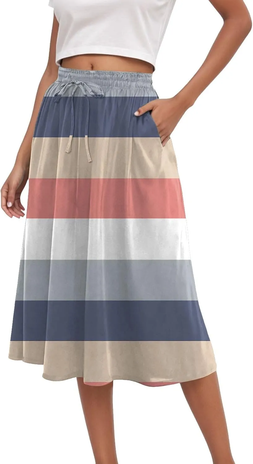 Vintage Boho Floral A-line Printed Midi Skirts with Pockets Chiffon Long Beach Midi Skirts