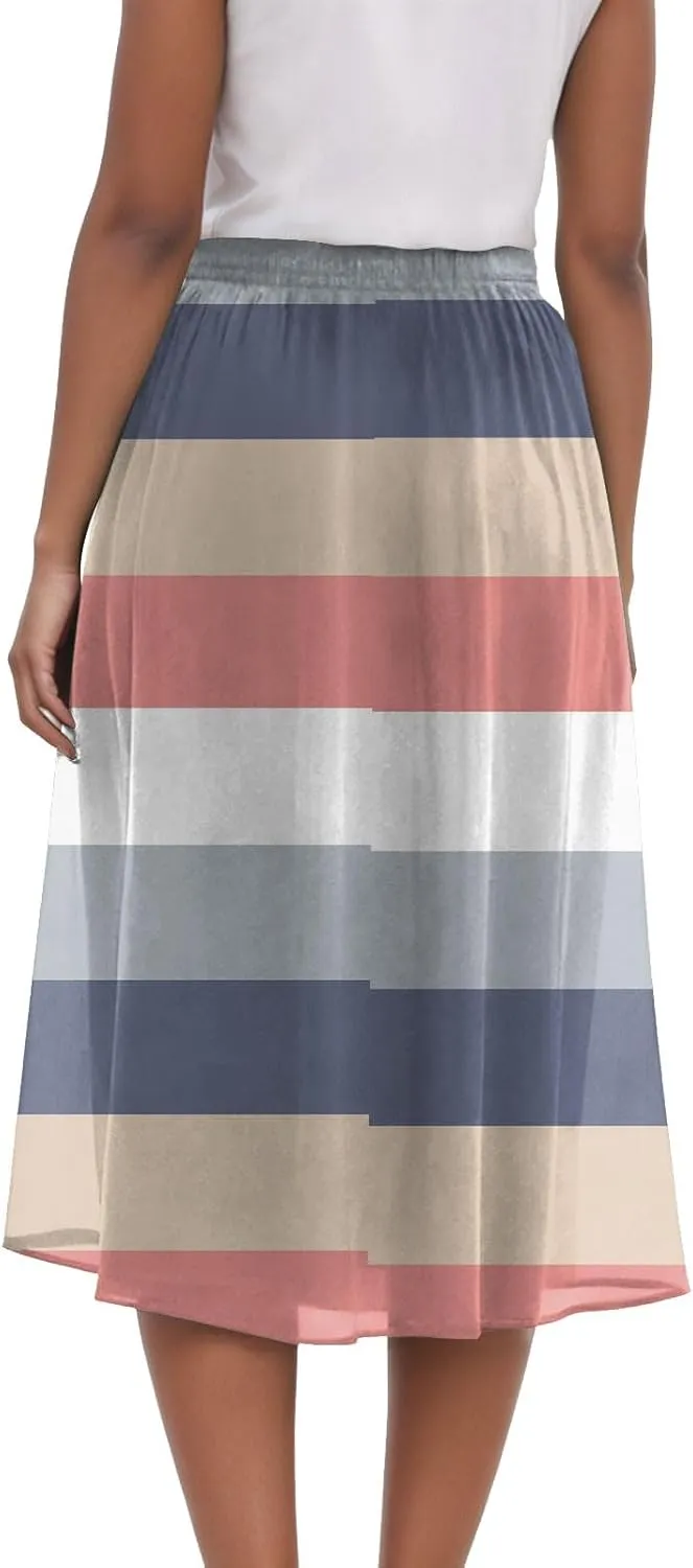 Vintage Boho Floral A-line Printed Midi Skirts with Pockets Chiffon Long Beach Midi Skirts