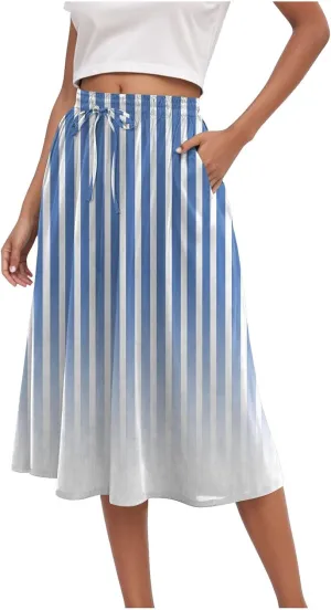 Vintage Boho Floral A-line Printed Midi Skirts with Pockets Chiffon Long Beach Midi Skirts