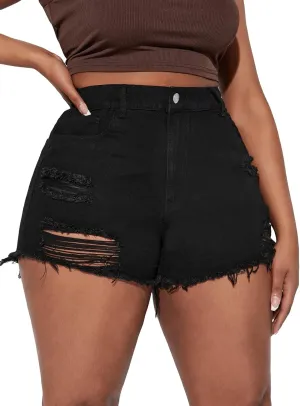 WDIRARA Women's Plus Size High Waisted Button Ripped Raw Hem Denim Shorts