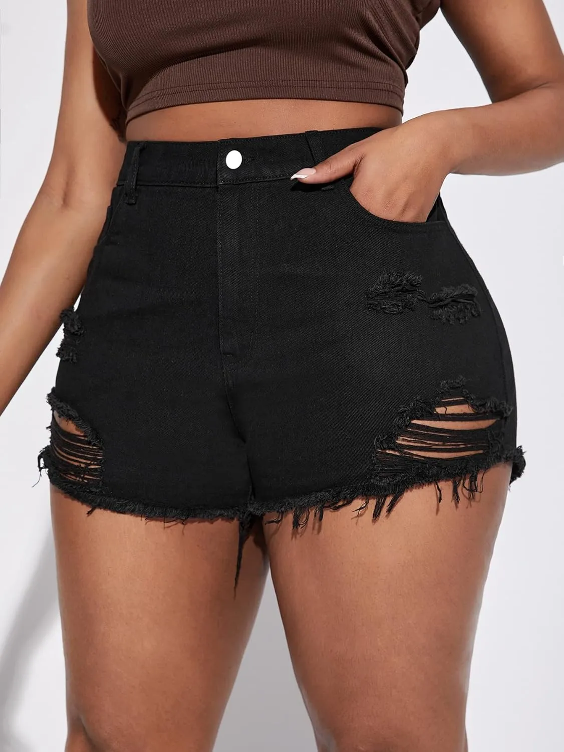 WDIRARA Women's Plus Size High Waisted Button Ripped Raw Hem Denim Shorts