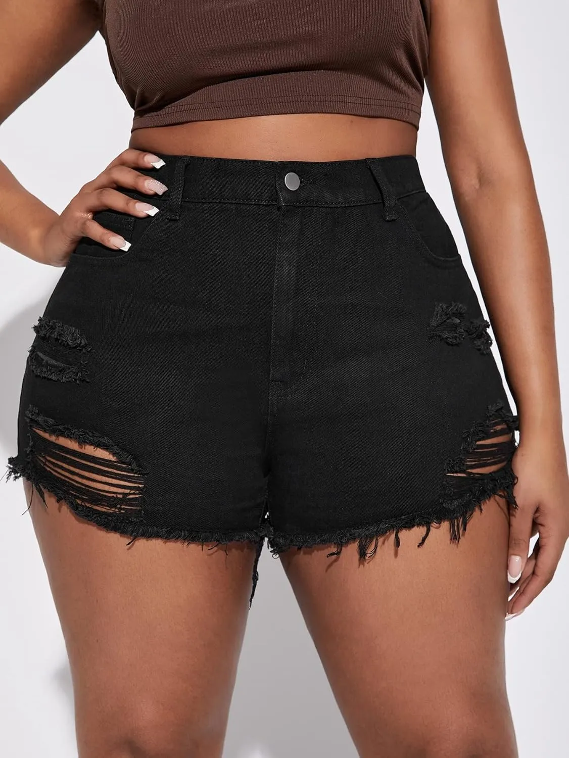 WDIRARA Women's Plus Size High Waisted Button Ripped Raw Hem Denim Shorts