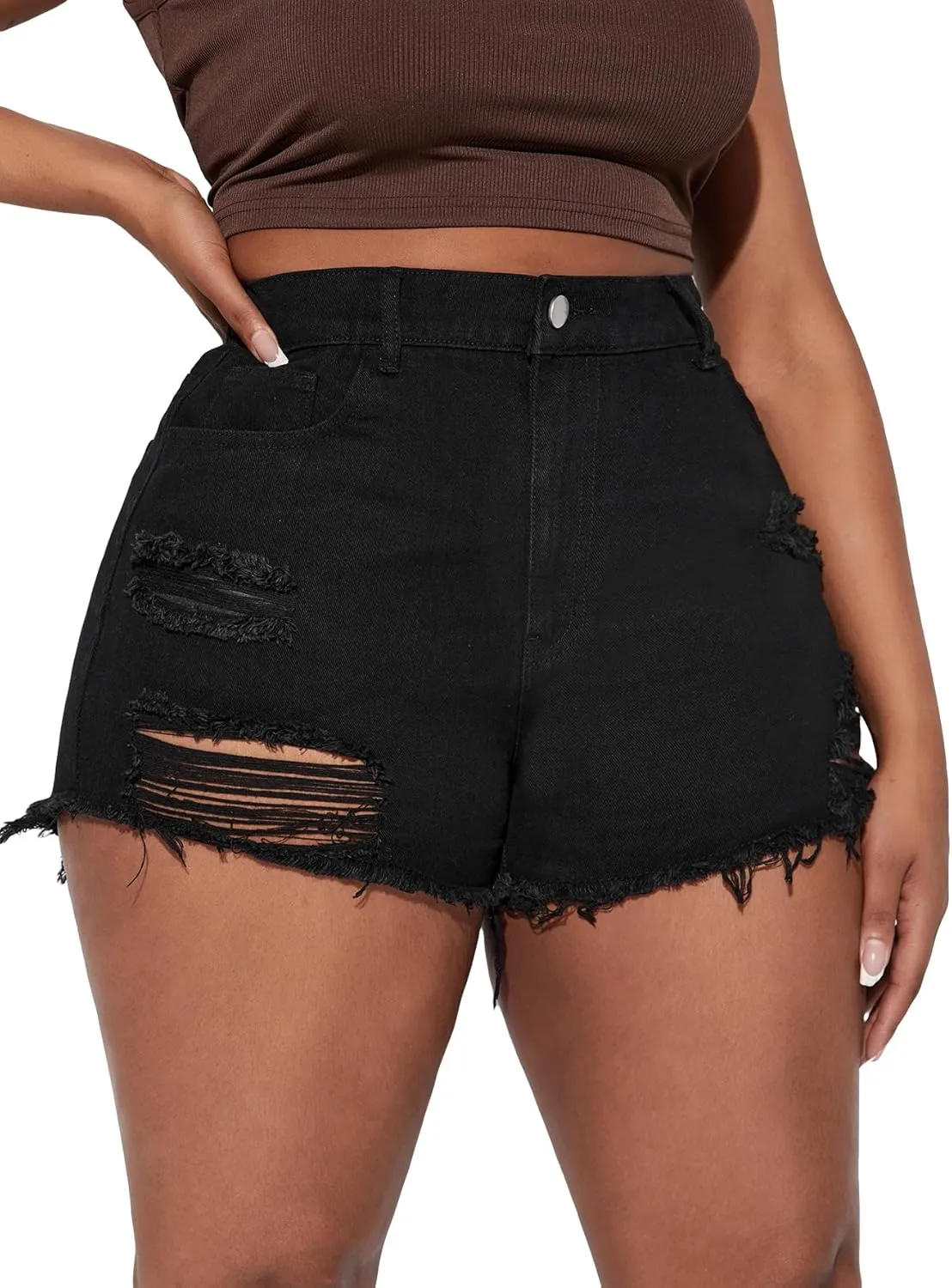WDIRARA Women's Plus Size High Waisted Button Ripped Raw Hem Denim Shorts