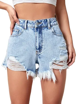 WDIRARA Women's Ripped Frayed Raw Hem Jean Shorts High Waisted Casual Denim Shorts