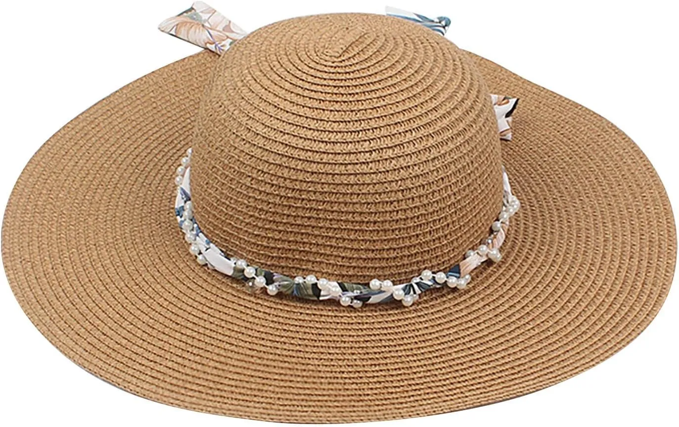 Wide Brim Floppy Straw Sun Hat Women's Girls Summer Flat Beach Bucket Hat Travel Foldable UV Protection Fishman Hat
