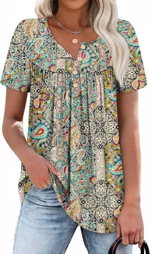 WIHOLL Womens Summer Tunic Tops Button Down Shirts Short Sleeve T-shirts Beach Vacation Clothes Spring S-3XL