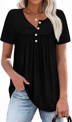 WIHOLL Womens Summer Tunic Tops Button Down Shirts Short Sleeve T-shirts Beach Vacation Clothes Spring S-3XL