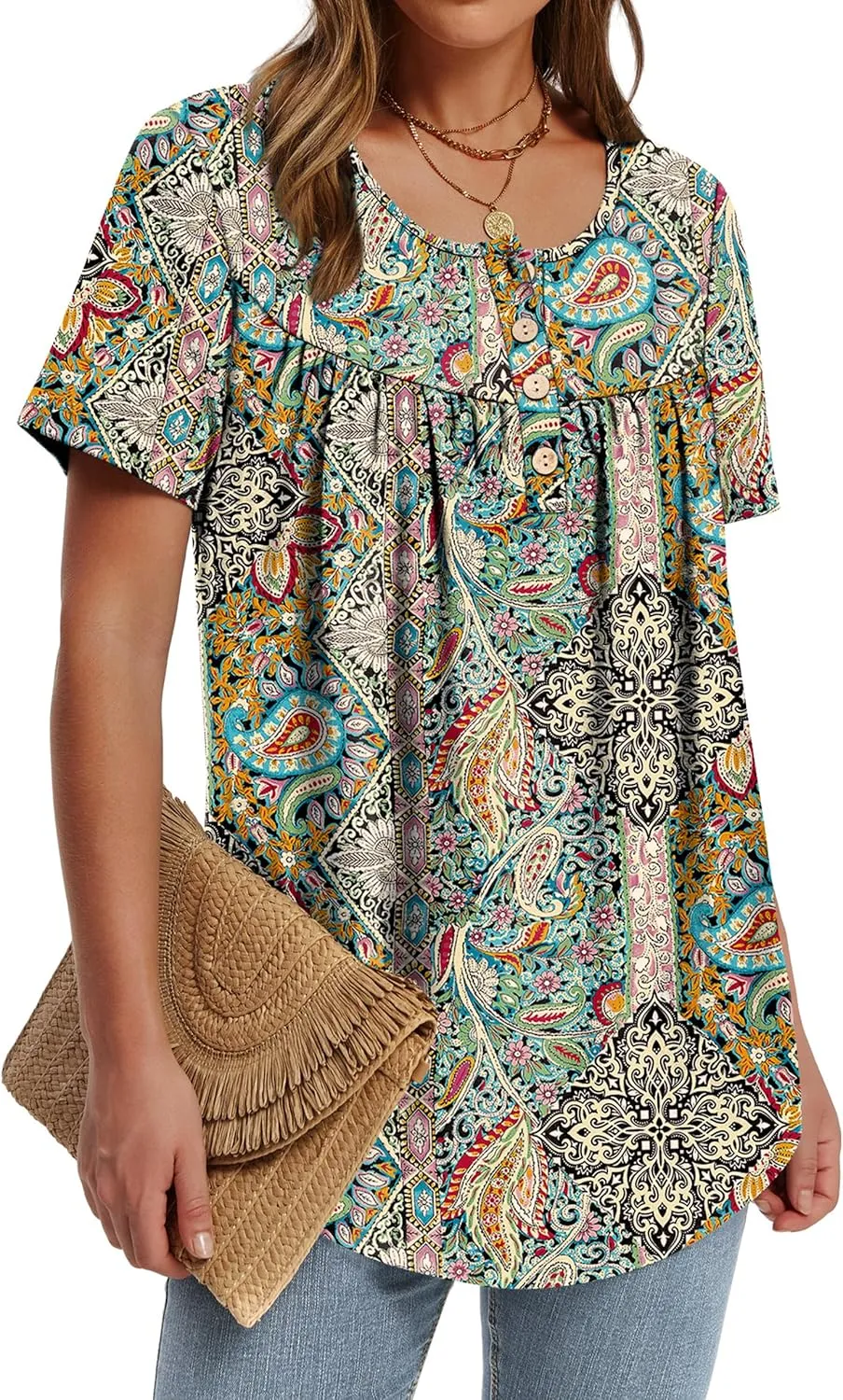 WIHOLL Womens Summer Tunic Tops Button Down Shirts Short Sleeve T-shirts Beach Vacation Clothes Spring S-3XL