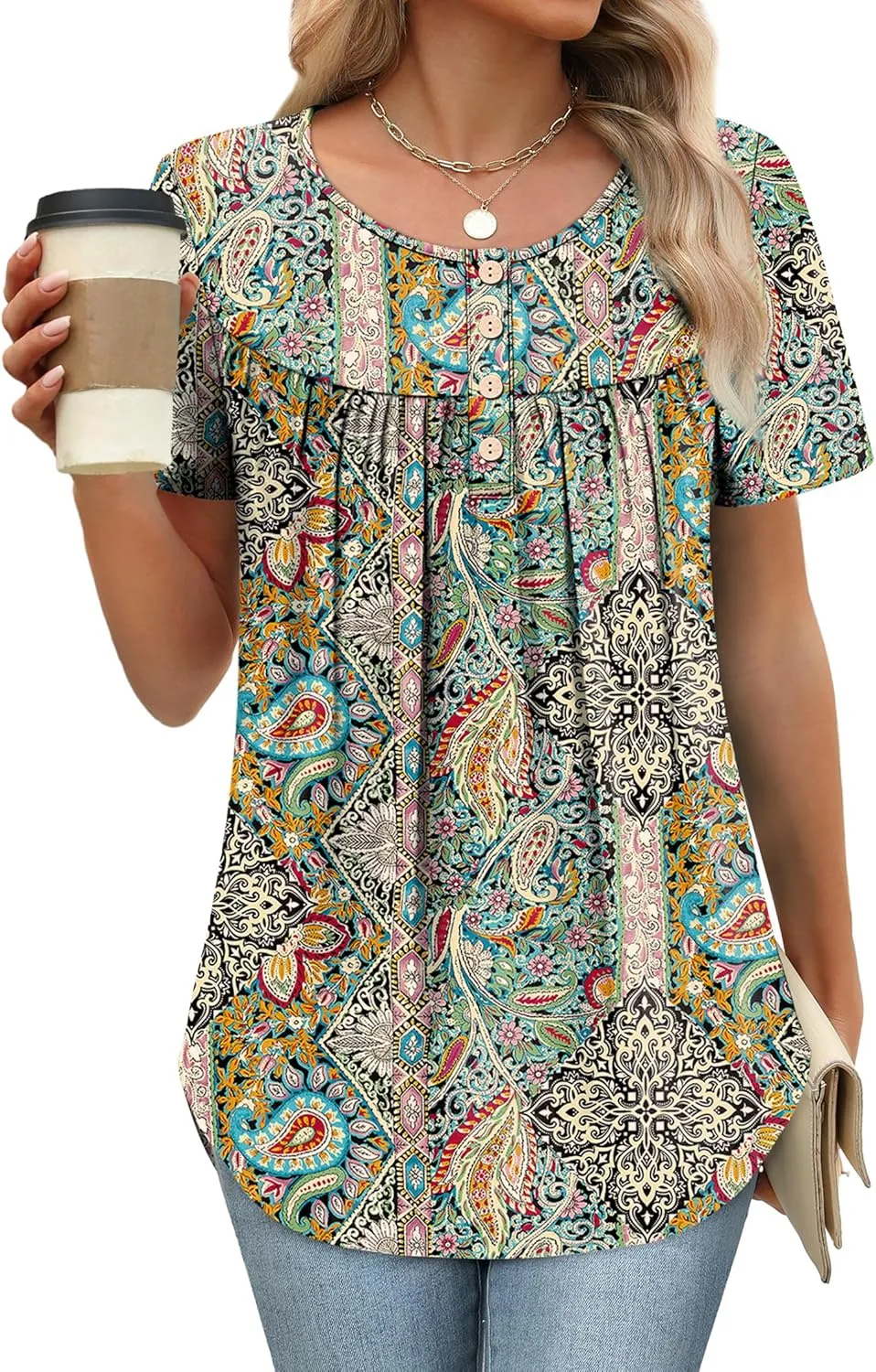 WIHOLL Womens Summer Tunic Tops Button Down Shirts Short Sleeve T-shirts Beach Vacation Clothes Spring S-3XL