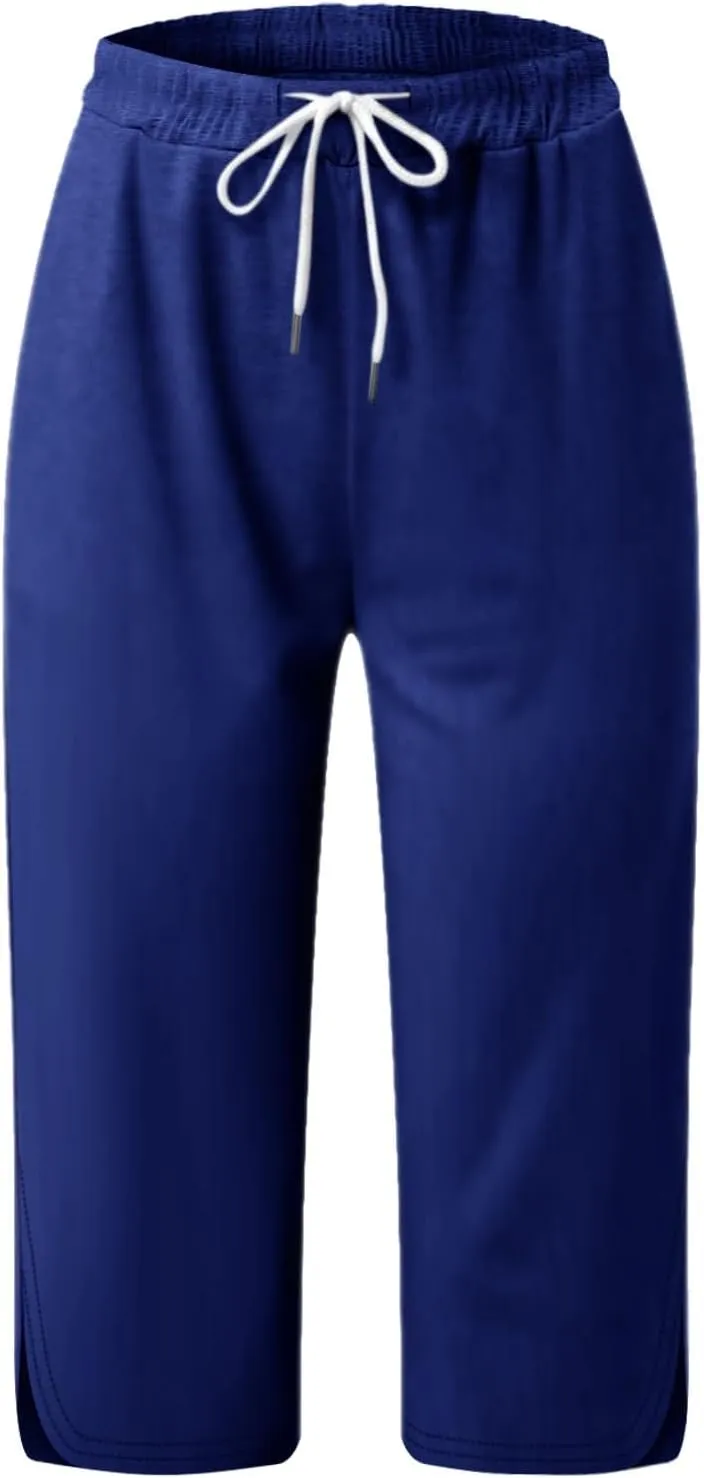 Women Capris for Summer, Side Slits High Waist Drawstring Crop Sweatpant Loose Casual Yoga Lounge Pants with Pockets
