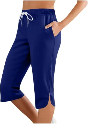 Women Capris for Summer, Side Slits High Waist Drawstring Crop Sweatpant Loose Casual Yoga Lounge Pants with Pockets